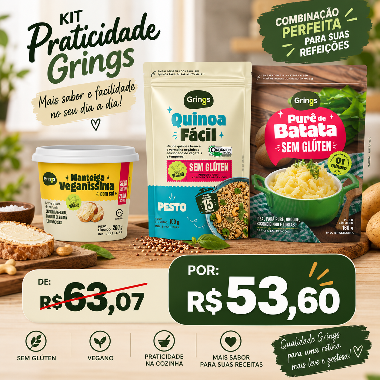 Imagem do produto Kit Almoço Rápido Grings - 1 Quinoa Fácil Pesto + 1 Purê de Batata + 1 Manteiga Vegana